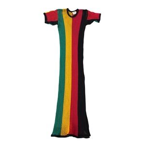 RIS Women Fishnet Mesh Maxi Dress Green Yellow Red Black Stripe S/M Cover Up